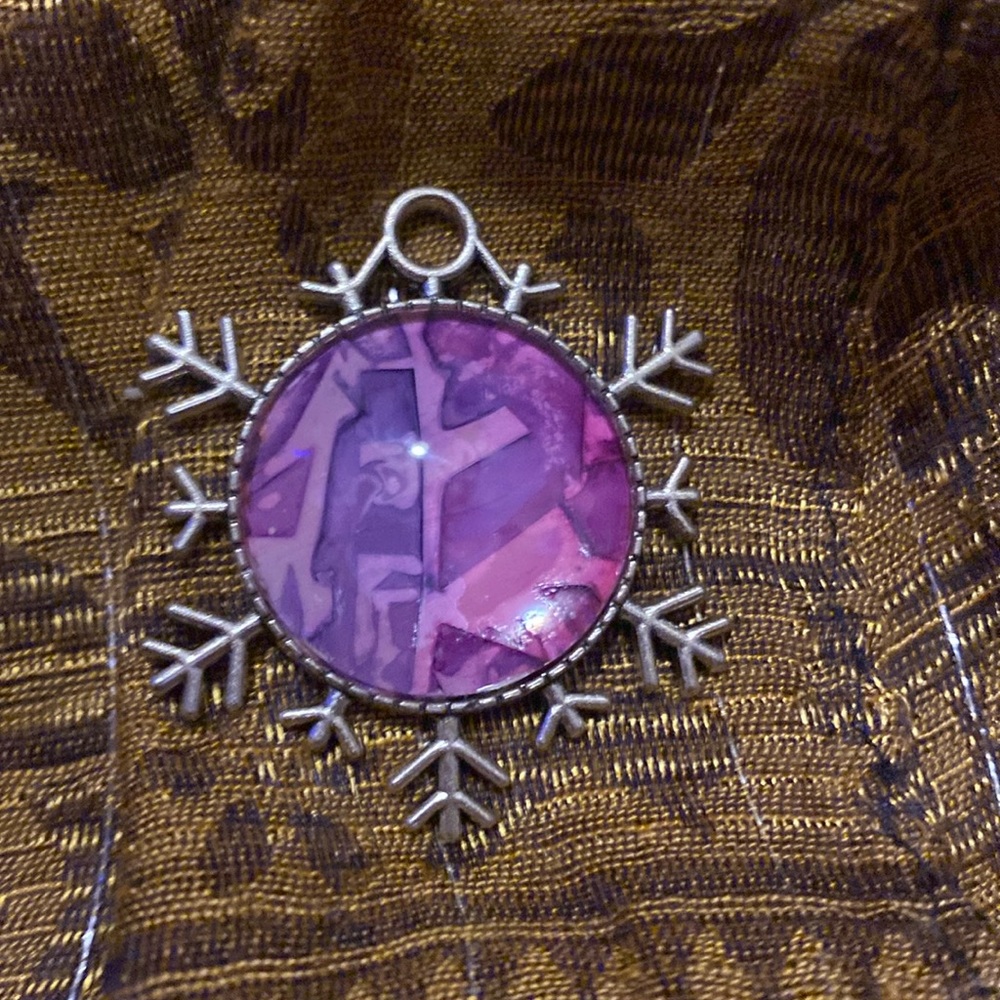 Whimsical Snowflake Silvertone Pendant w Original Alcohol Ink Art Under Glass